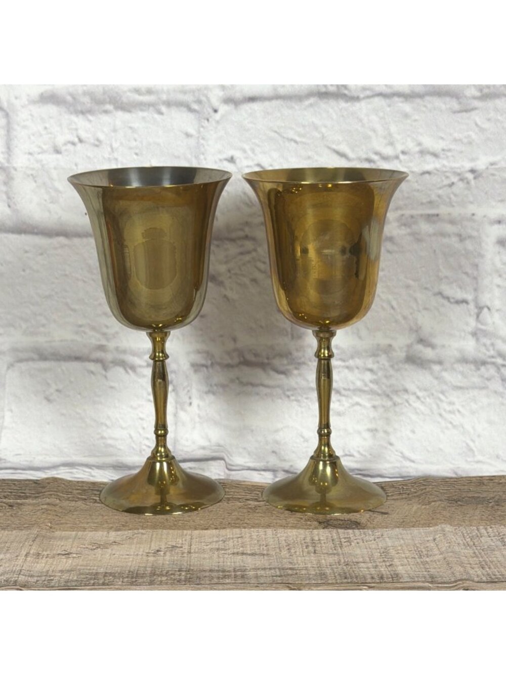 VTG 1970s Mixed Metal Brass & Silver Tone Pair Wine Goblets Set of 2 MCM Barware - Picture 11 of 11